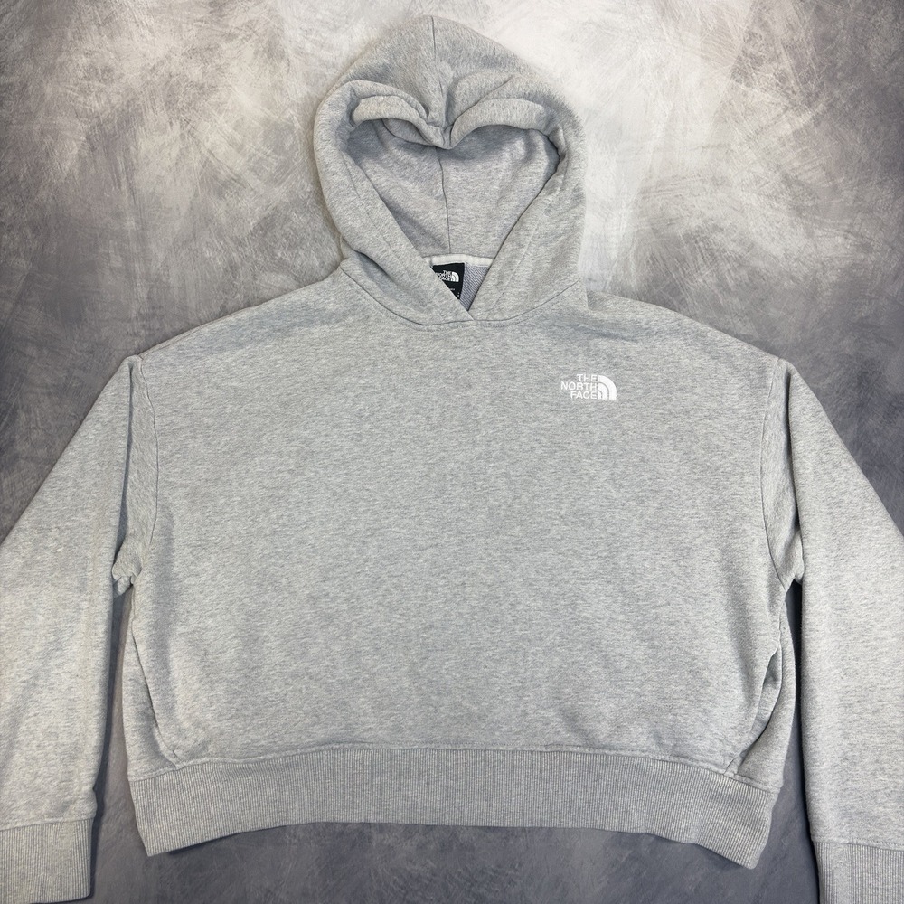 The North Face Hoodie Womens L Gray Cotton Blend Pullover Cropped Logo Flawed
